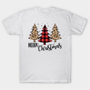 Merry Christmas Cheetah and Buffalo Plaid Design T-Shirt